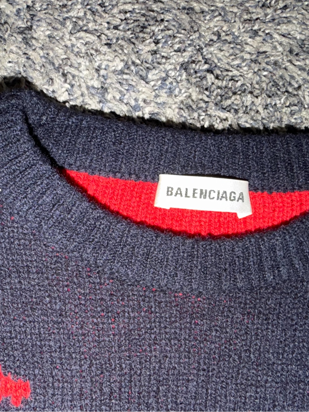 Balenciaga Womens Navy Crewneck Sweater with Red Trim